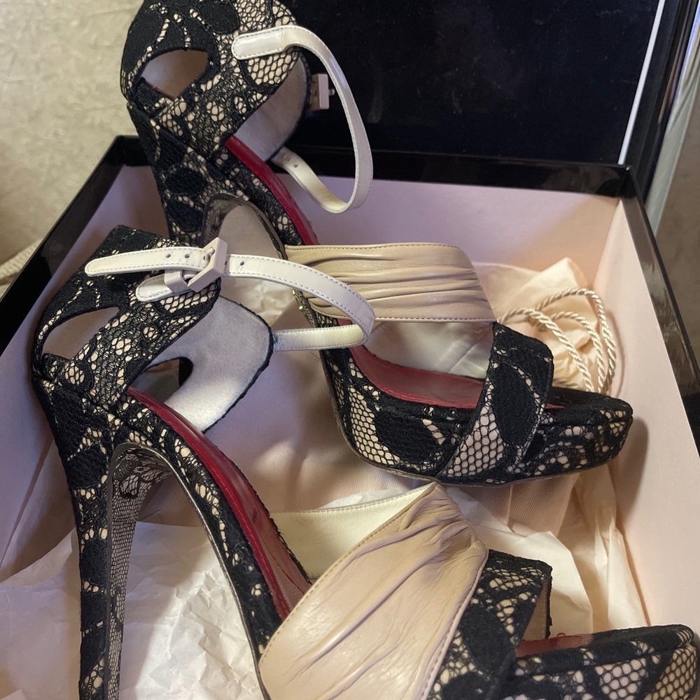 $675 Cesare Paciotti Beige Leather Black Heels Dress Sandals Shoes Size US7 EU37